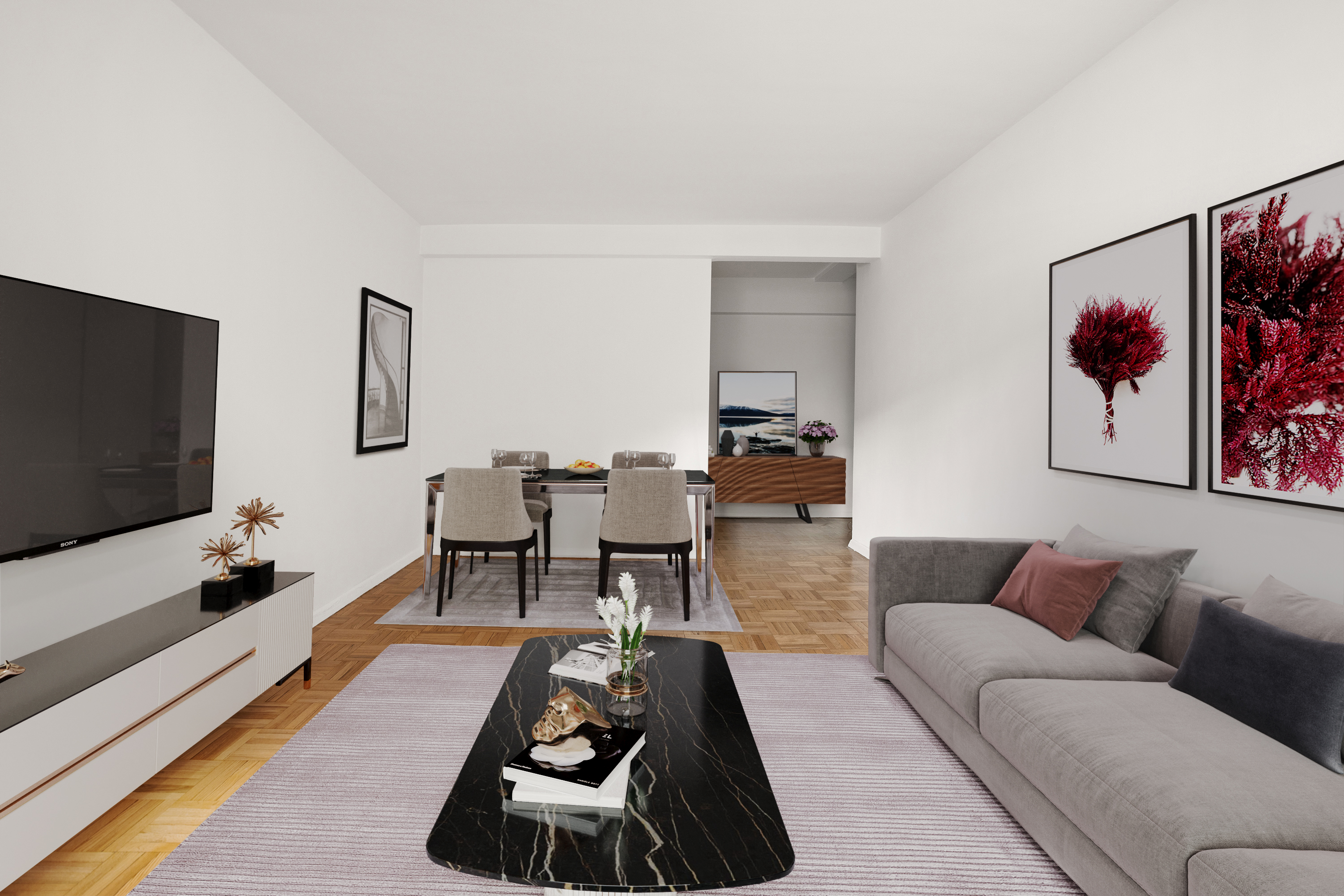 11 Riverside Drive, Unit 9SE Manhattan, NY 10023 - Photo 2 of 13 a living room with furniture and a flat screen tv