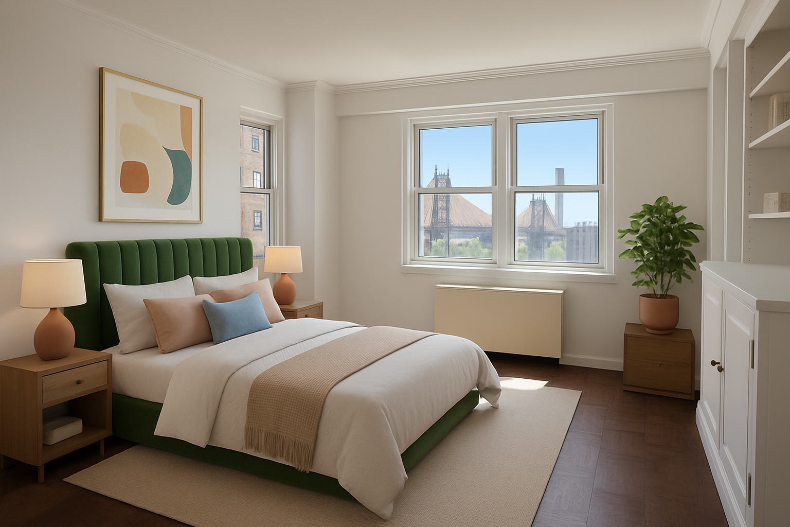 16 Sutton Place, Unit 15C Manhattan, NY 10022 - Photo 7 of 13 a bedroom with a bed and a window