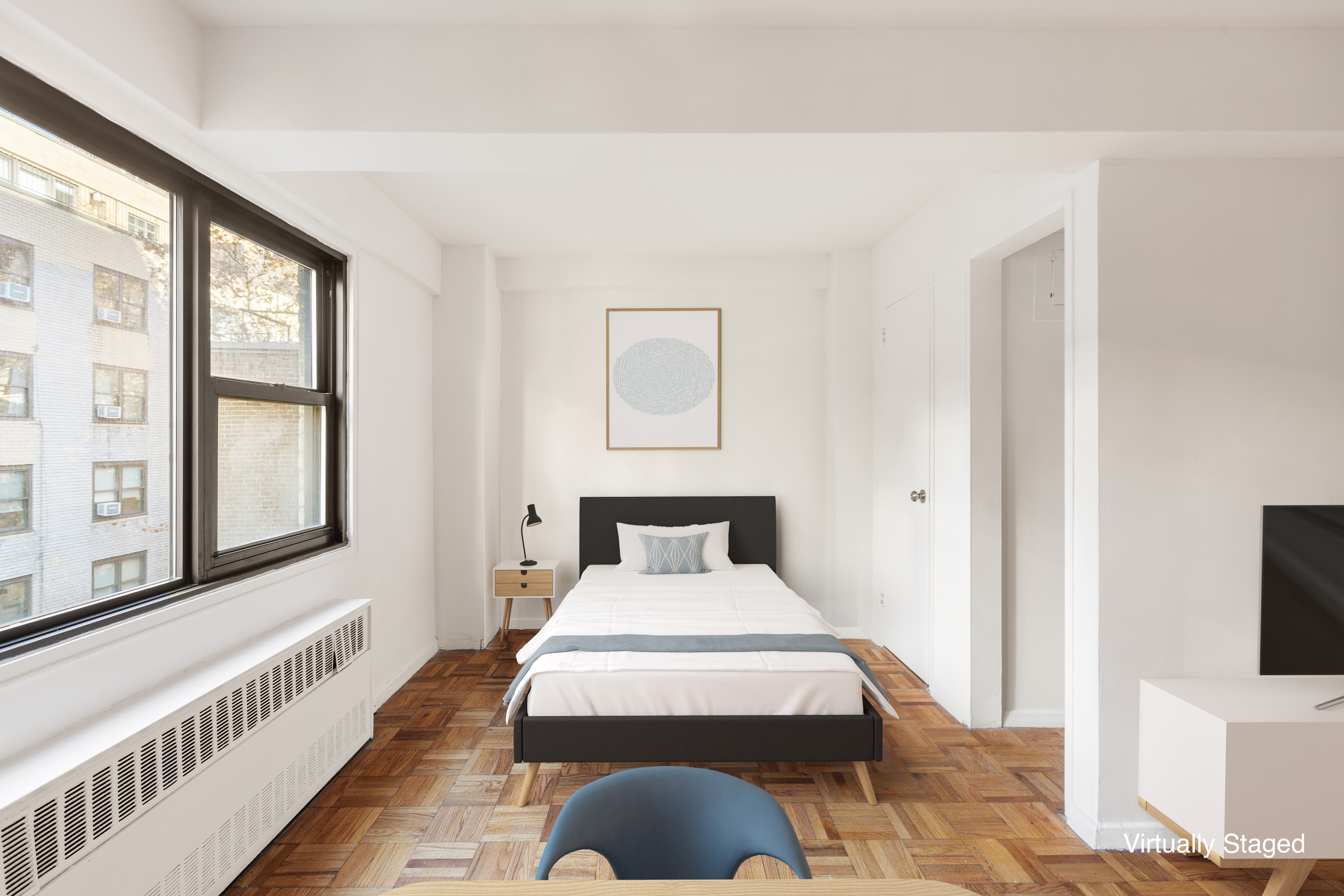 335 East 51st Street, Unit 6G Manhattan, NY 10022 - Photo 5 of 12 a bedroom with a bed and a flat tv screen on dresser