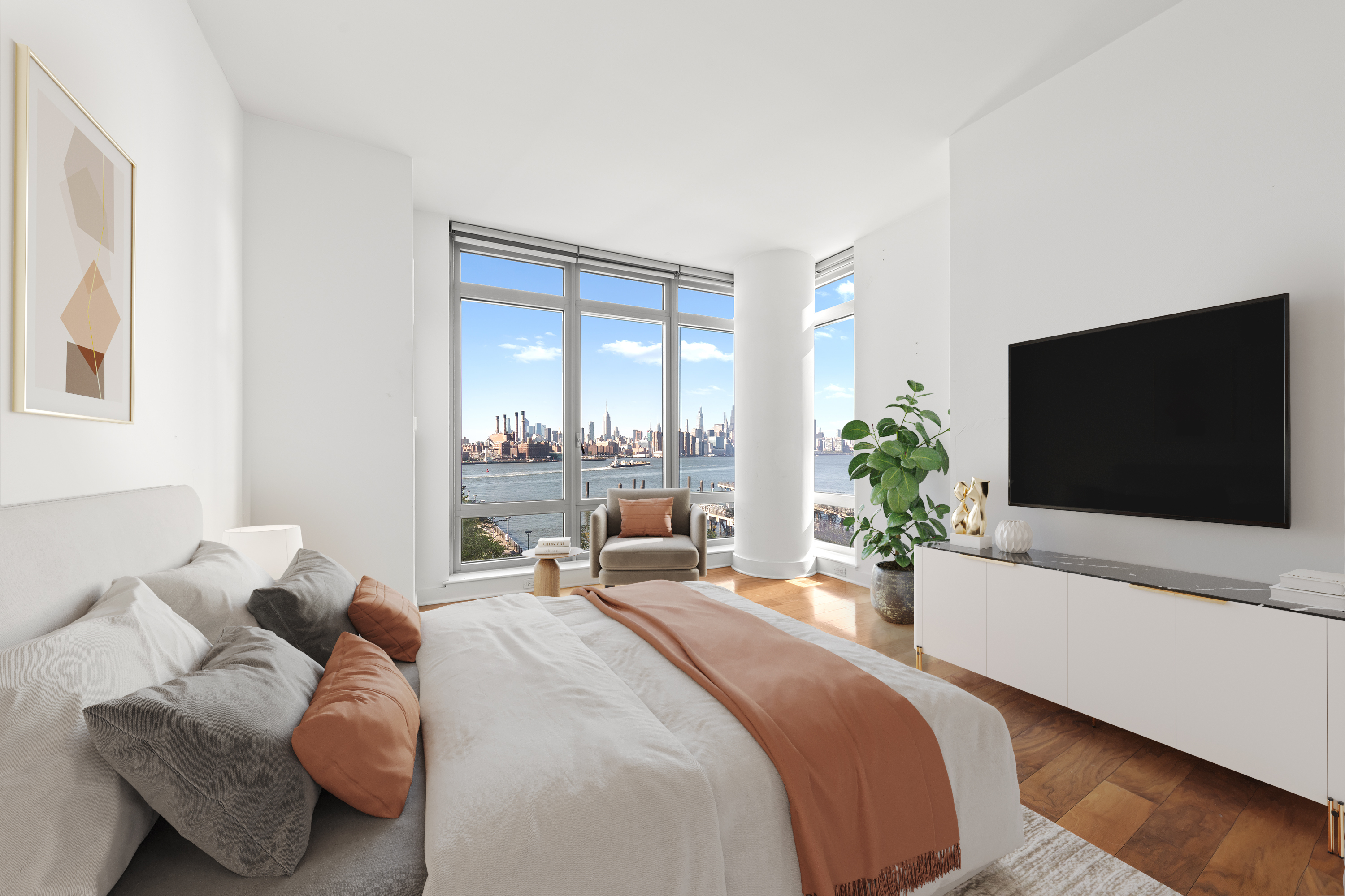 Brooklyn, NY 11249 - Photo 11 of 21 a large bedroom with a bed and a flat screen tv