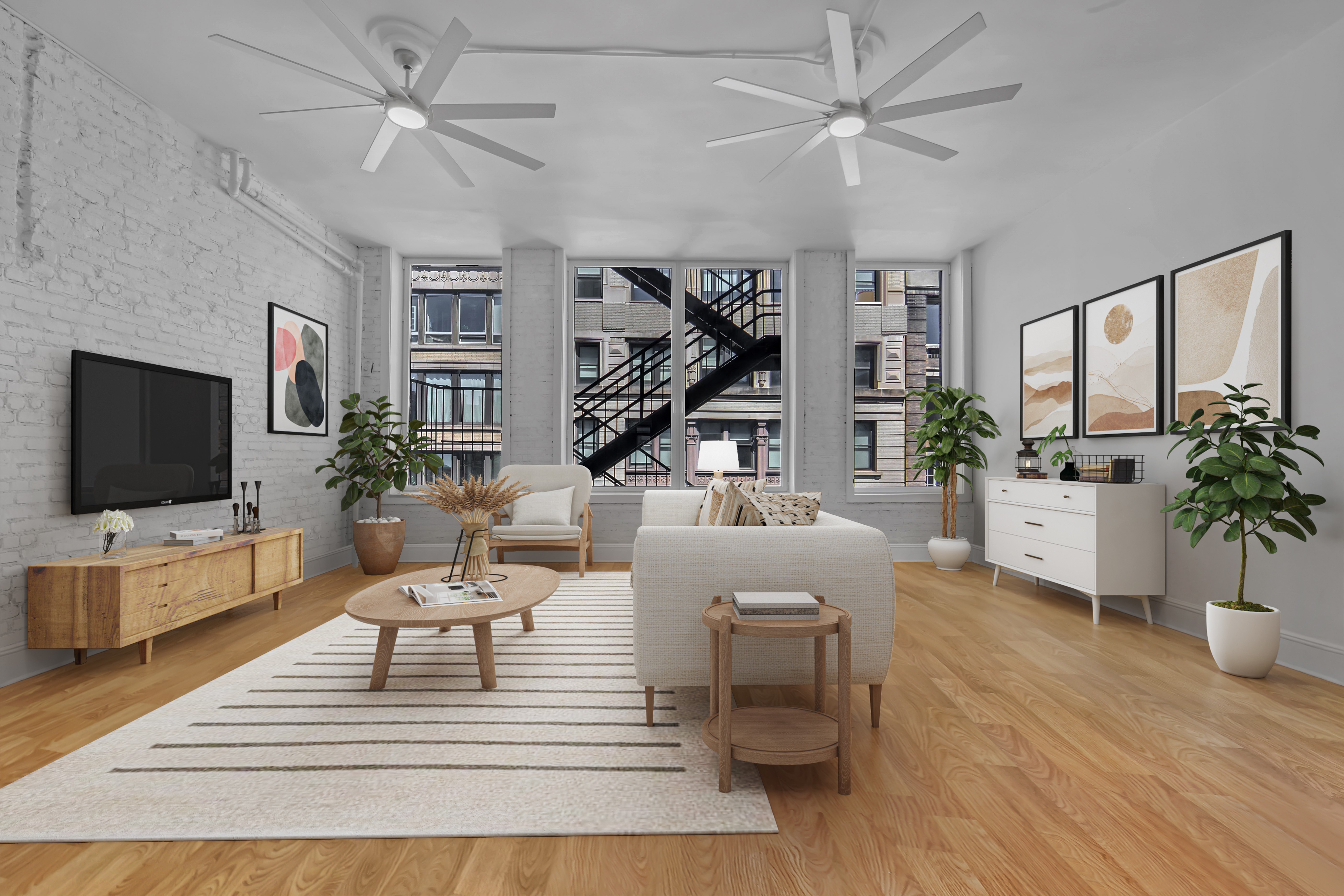 a living room with furniture a large window and a flat screen tv