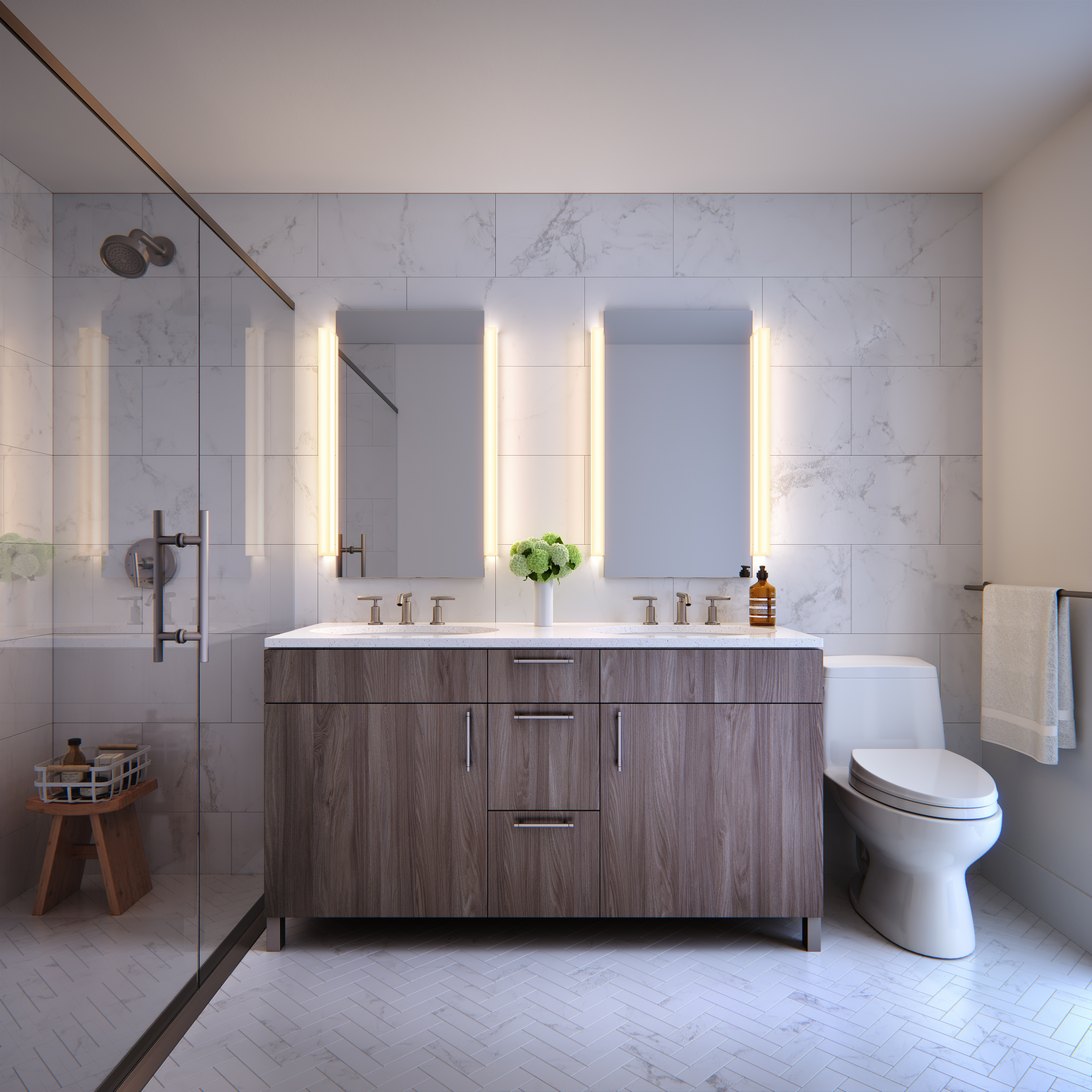 120 Nassau Street, Unit 27G Brooklyn, NY 11201 - Photo 4 of 13 a bathroom with a granite countertop sink a toilet and a mirror