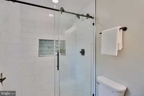 a bathroom with a shower and toilet