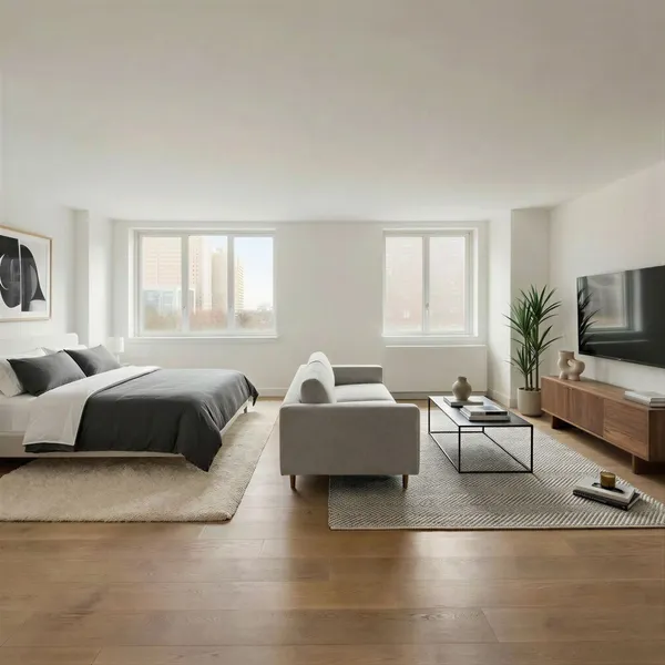 a bedroom with furniture and a large window