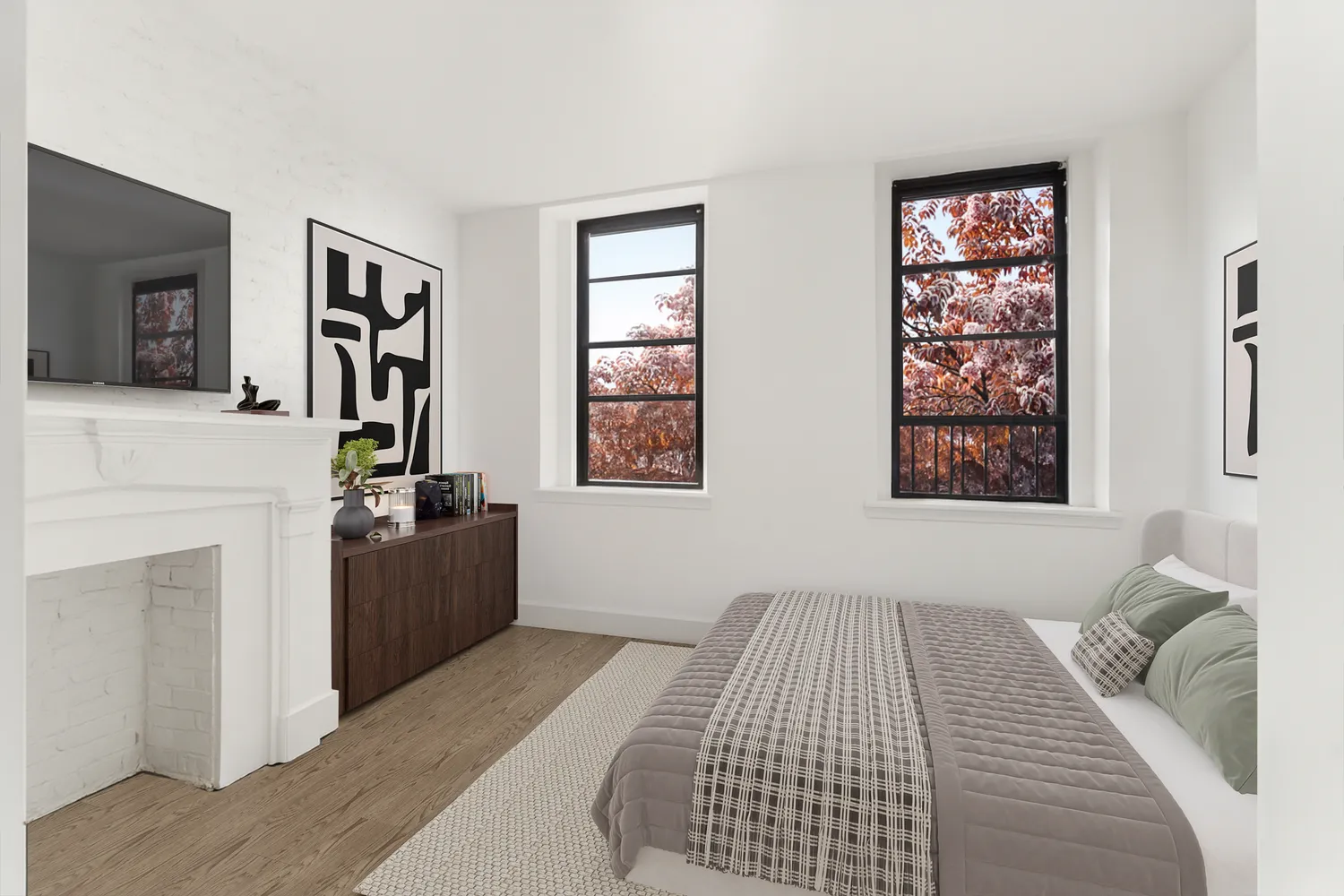 a bedroom with a bed and a couch