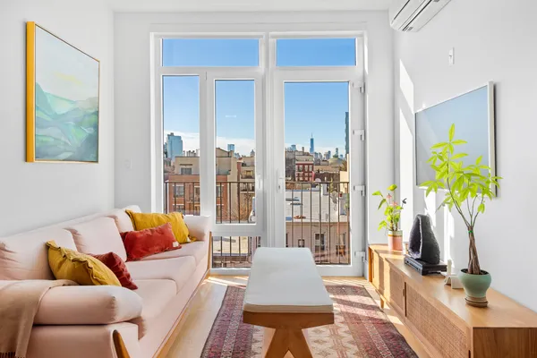 a living room with furniture and a potted plant