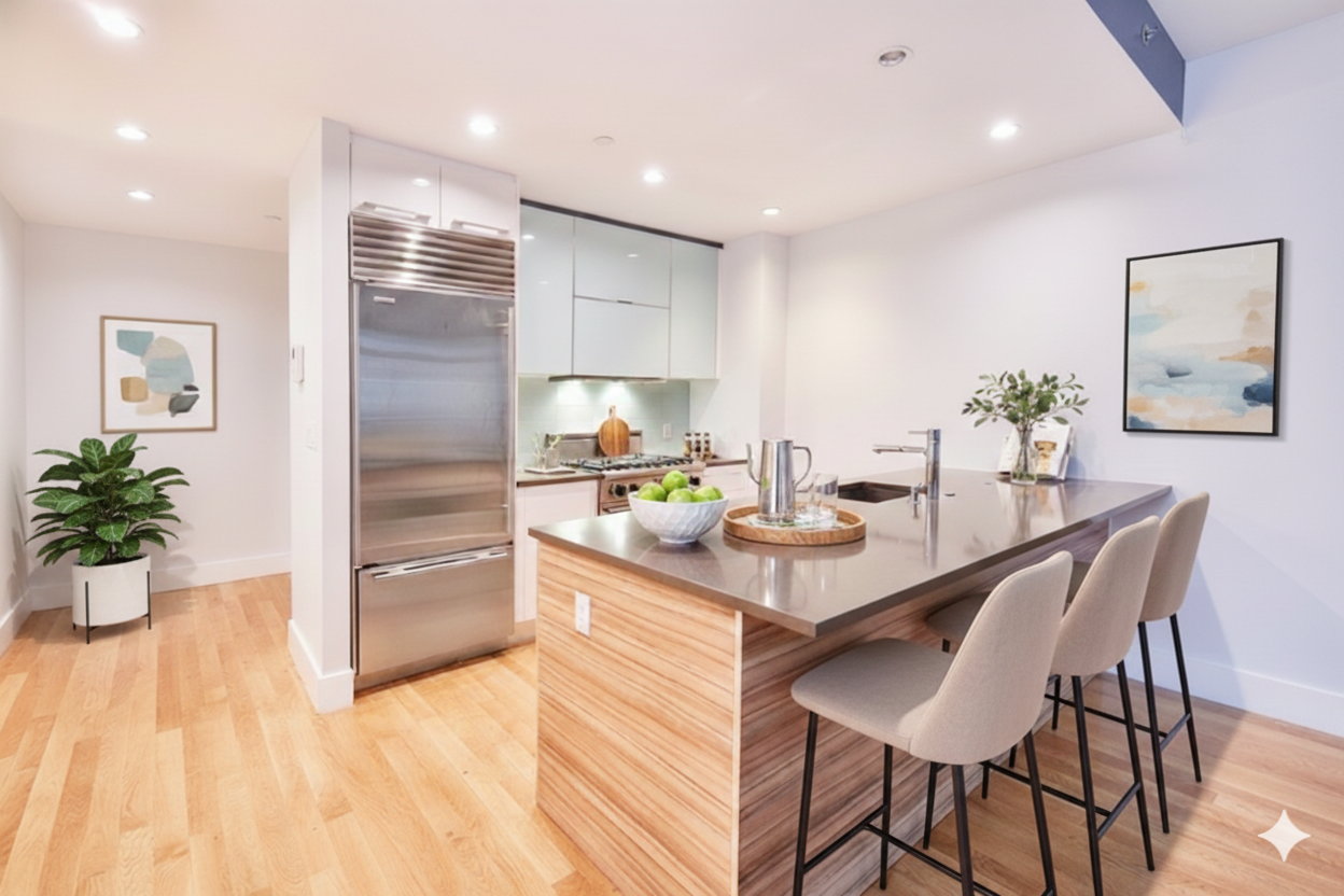 117 West 123rd Street, Unit 4B Manhattan, NY 10027 - Photo 5 of 16 a kitchen with granite countertop a table and chairs in it