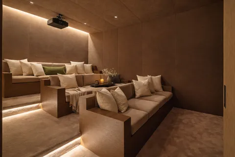 a media room with lots of chairs and a projector screen