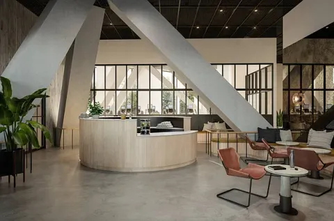 a living room with furniture and a lamp