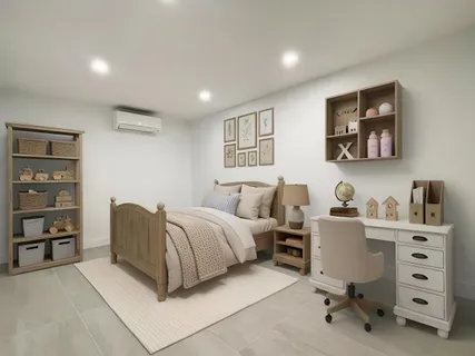 a spacious bedroom with a bed and a desk