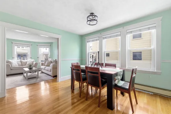 a view of a dining room with furniture window and wooden floor