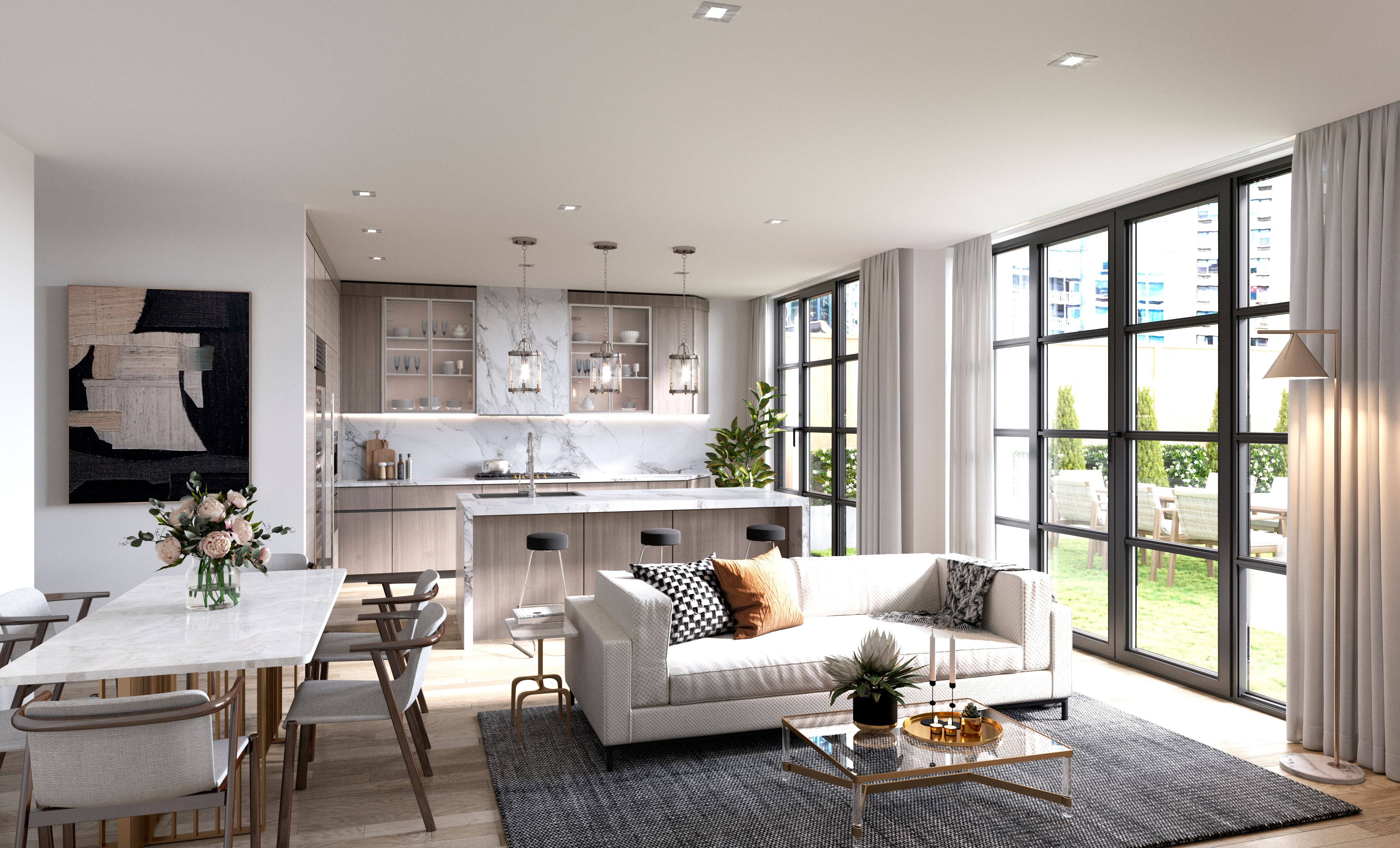 327 East 22nd Street, Unit 1A Manhattan, NY 10010 - Photo 3 of 11 a living room with furniture kitchen view and a large window