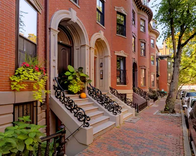 a couple of flower plants sitting in front of a building