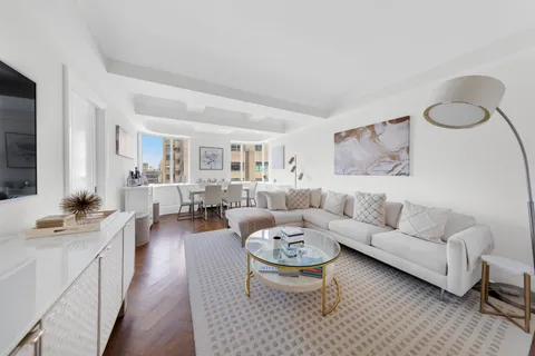 a living room with furniture a rug and a window