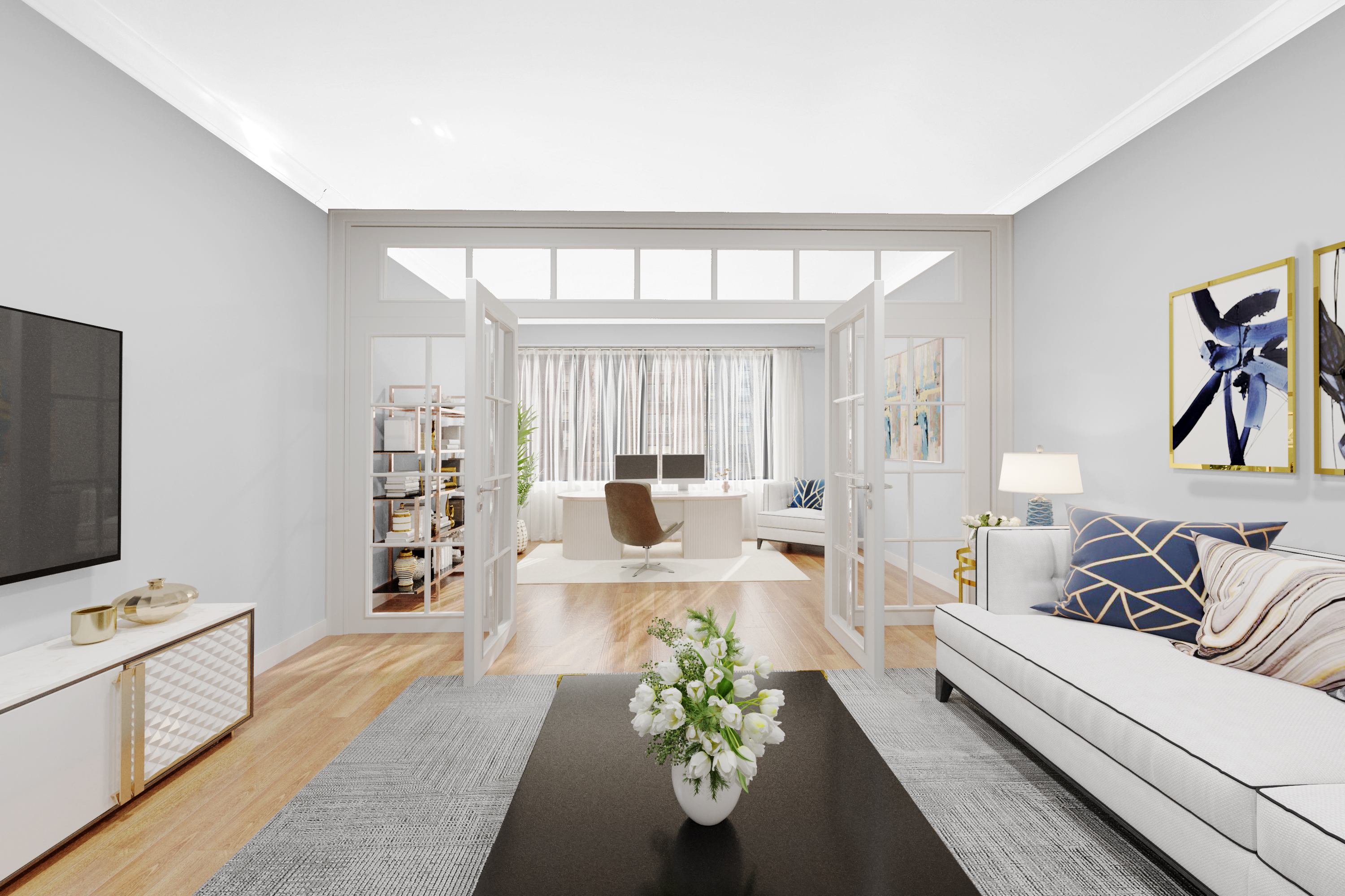 900 Park Avenue, Unit 10B Manhattan, NY 10075 - Photo 2 of 11 a living room with furniture and a flat screen tv