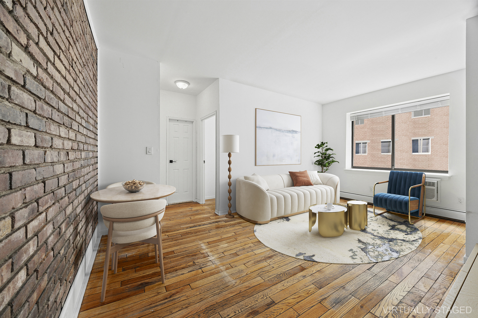 a living room with furniture and a table