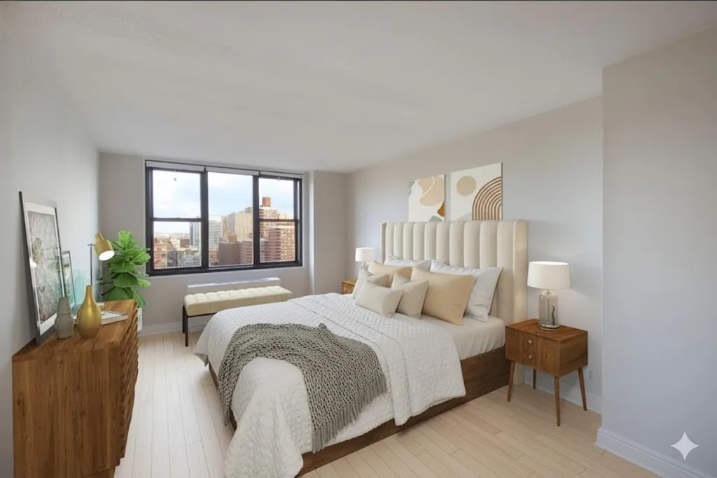 a bedroom with a bed and a large window