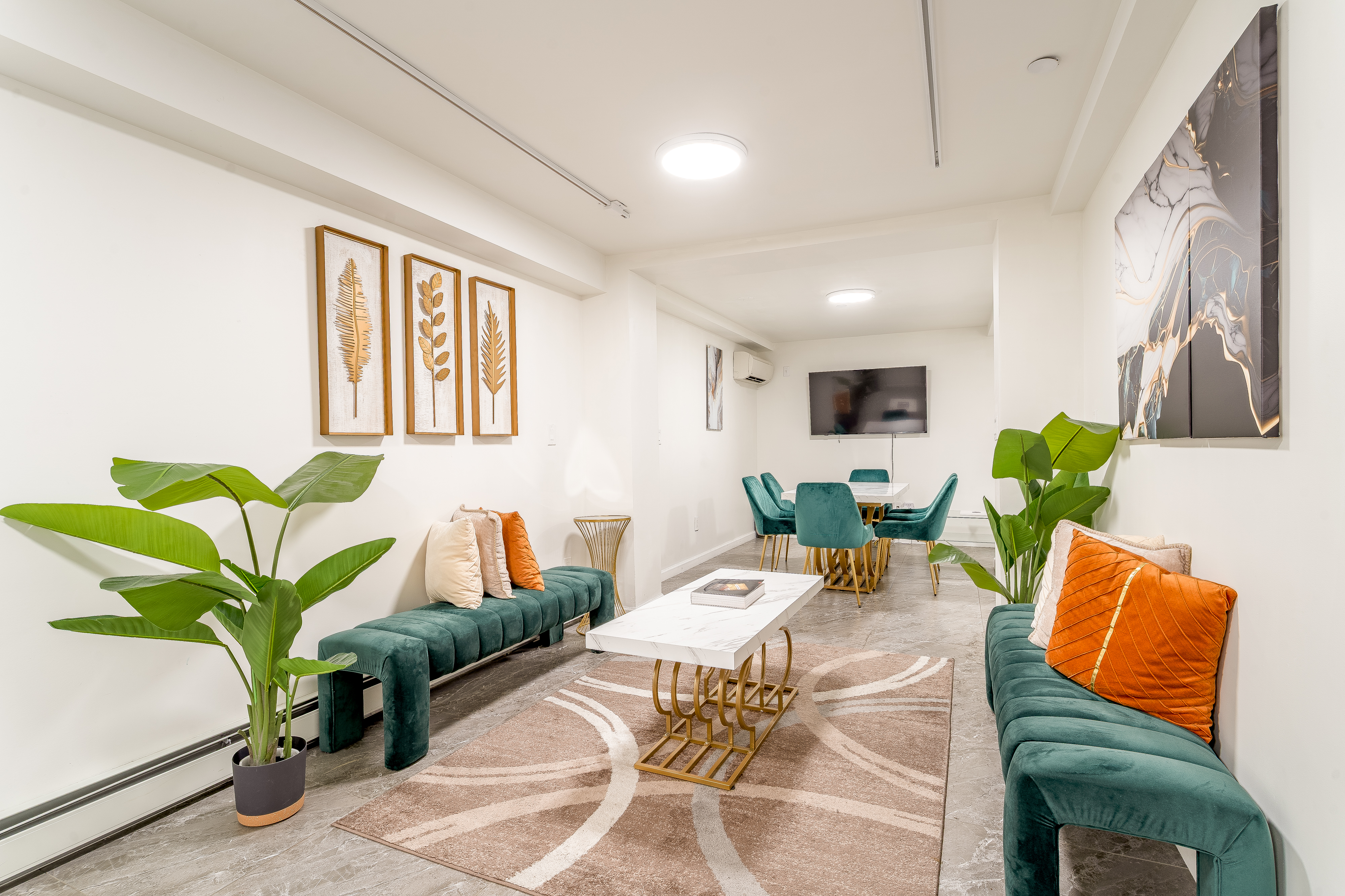 a view of a dining room with furniture