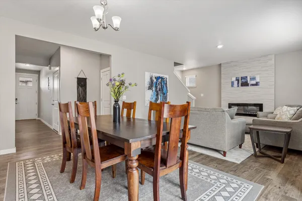 a view of a dining room with furniture