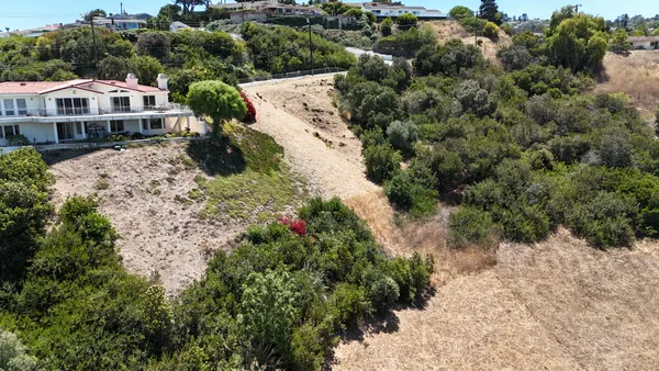 an aerial view of residential houses with outdoor space and trees all around