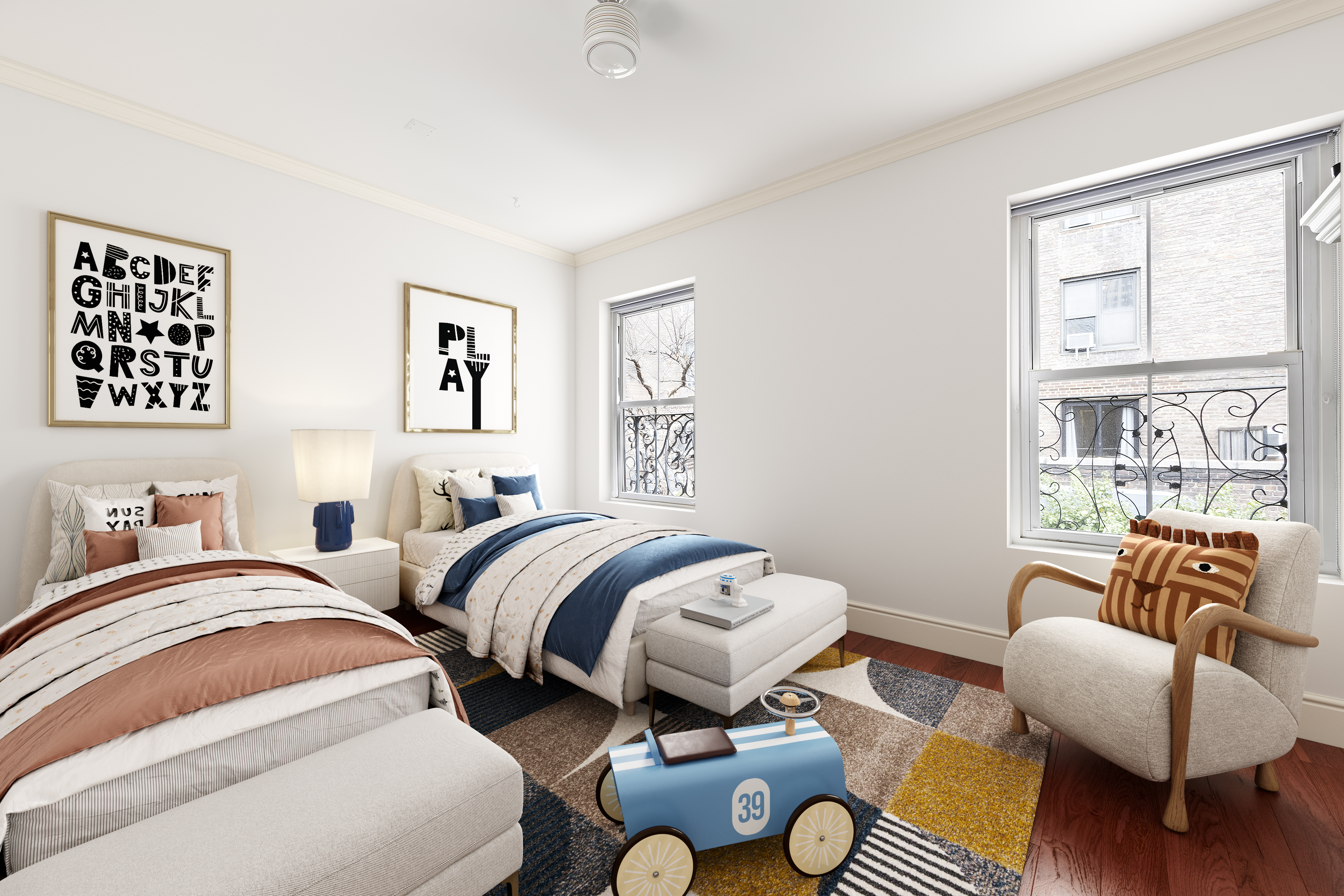 217 West 22nd Street Manhattan, NY 10011 - Photo 13 of 16 a bedroom with two beds and a couch