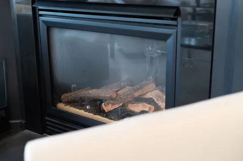 a dining room with furniture and a potted plant