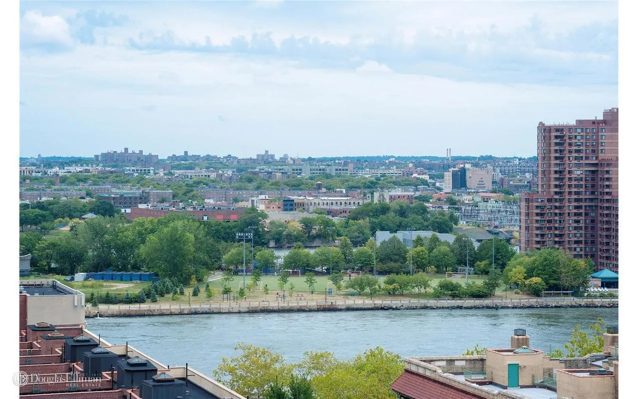 a view of a lake with a city