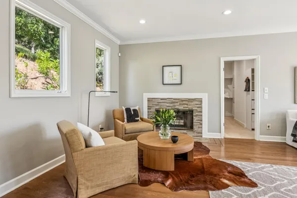 a living room with furniture a fireplace and a potted plant