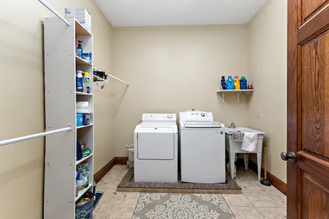 a view of a garage with storage
