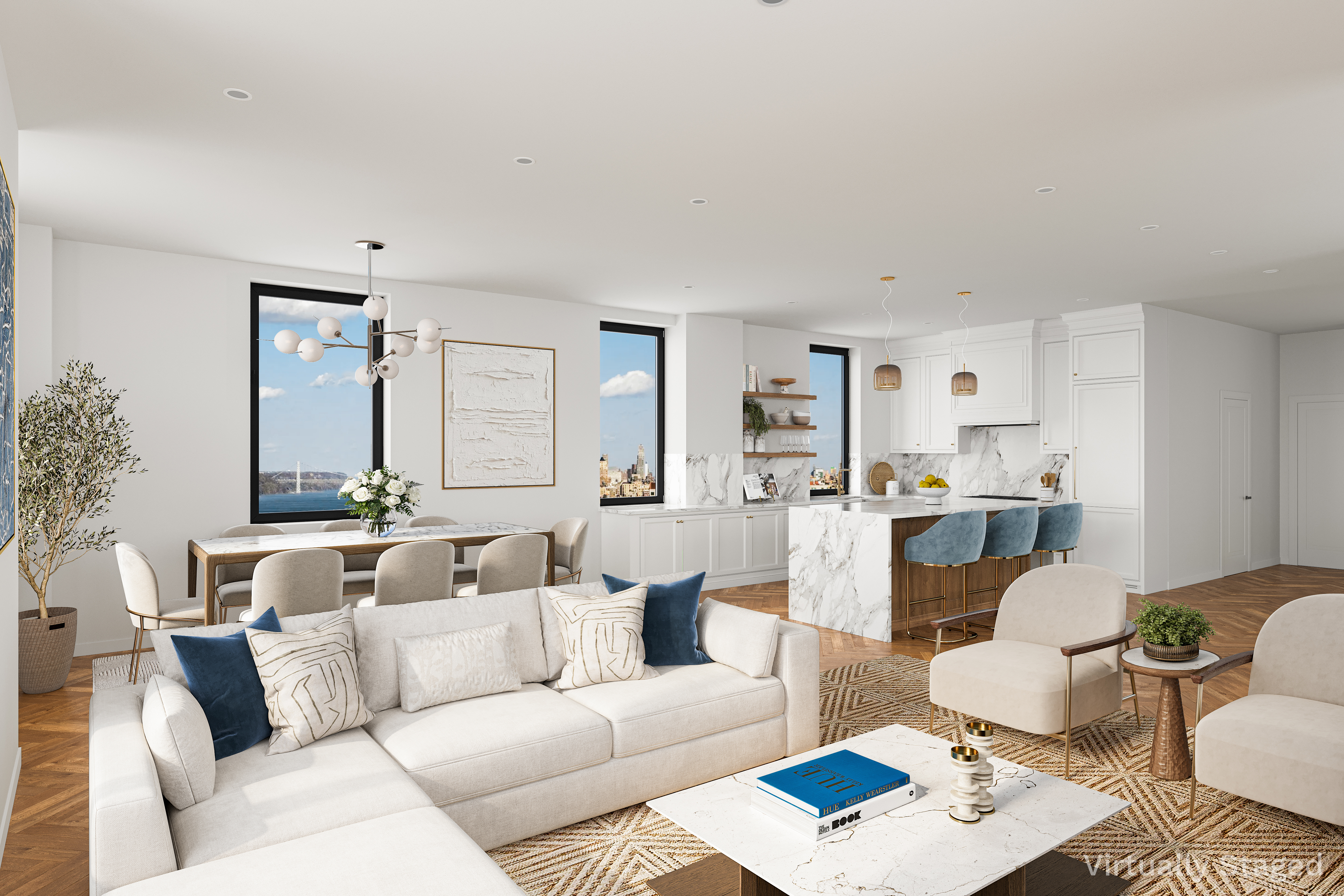 a living room with furniture a rug and a mirror