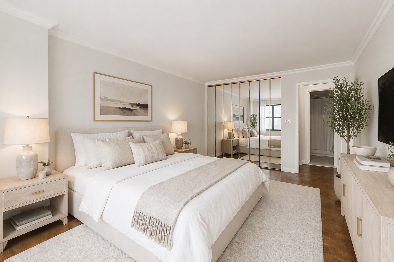 225 East 57th Street, Unit 5K Manhattan, NY 10022 - Photo 6 of 11 a spacious bedroom with a bed and a large mirror
