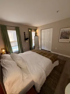 a bedroom with a bed and window