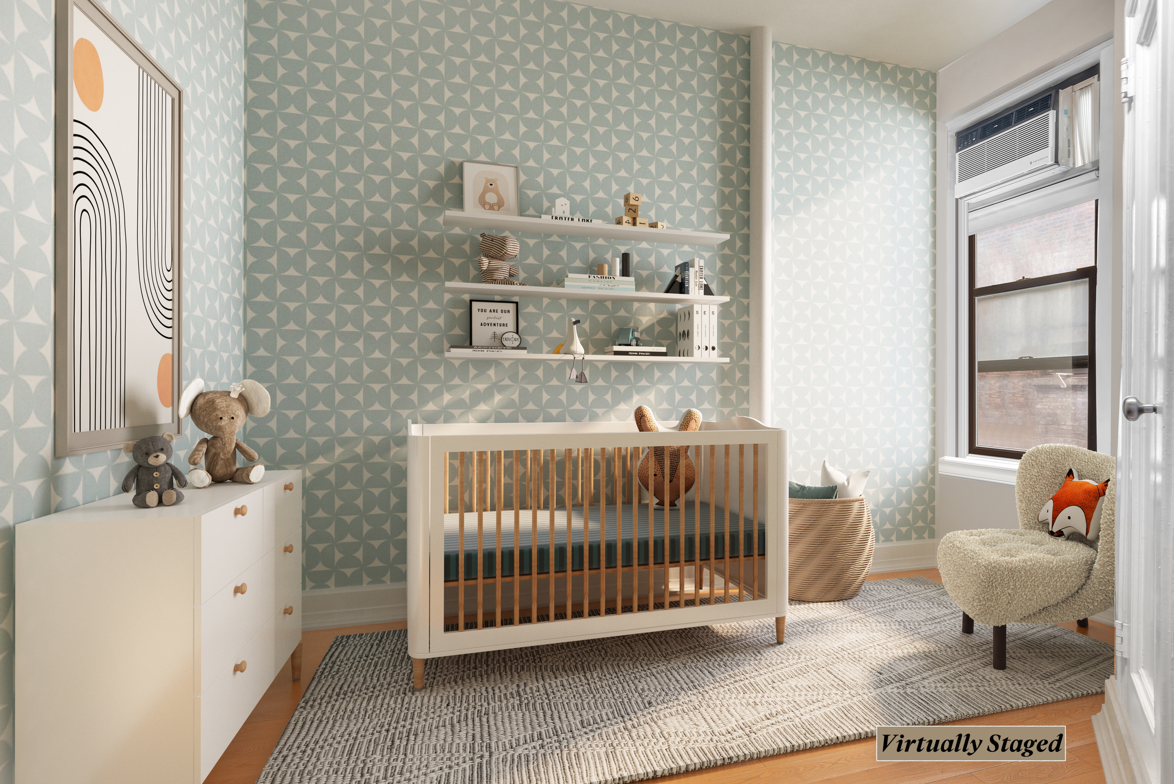 215 West 98th Street, Unit 8F Manhattan, NY 10025 - Photo 10 of 16 a bedroom with a baby bed a couch and dresser