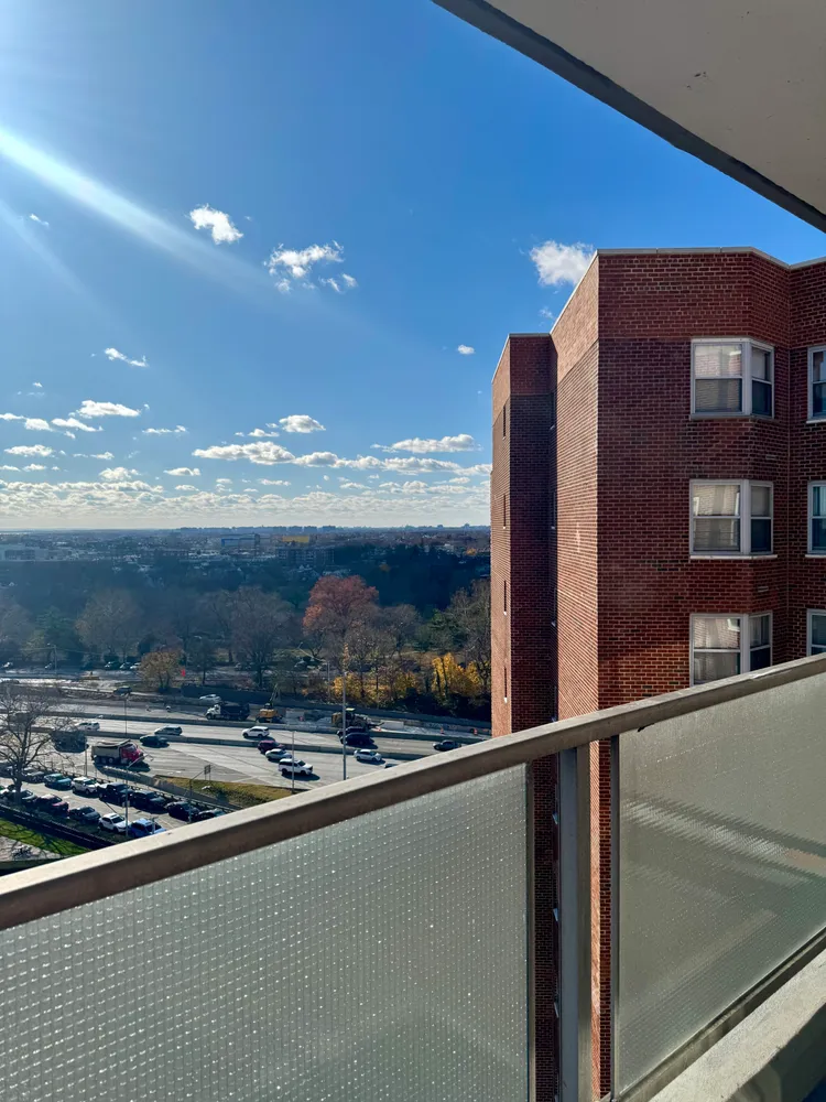 a view of a building from a balcony