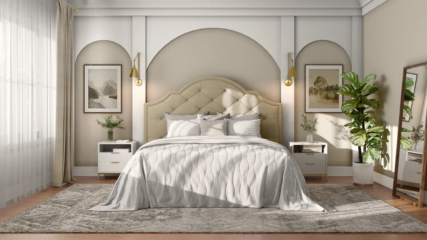 a bedroom with a bed and a potted plant on the side of a table