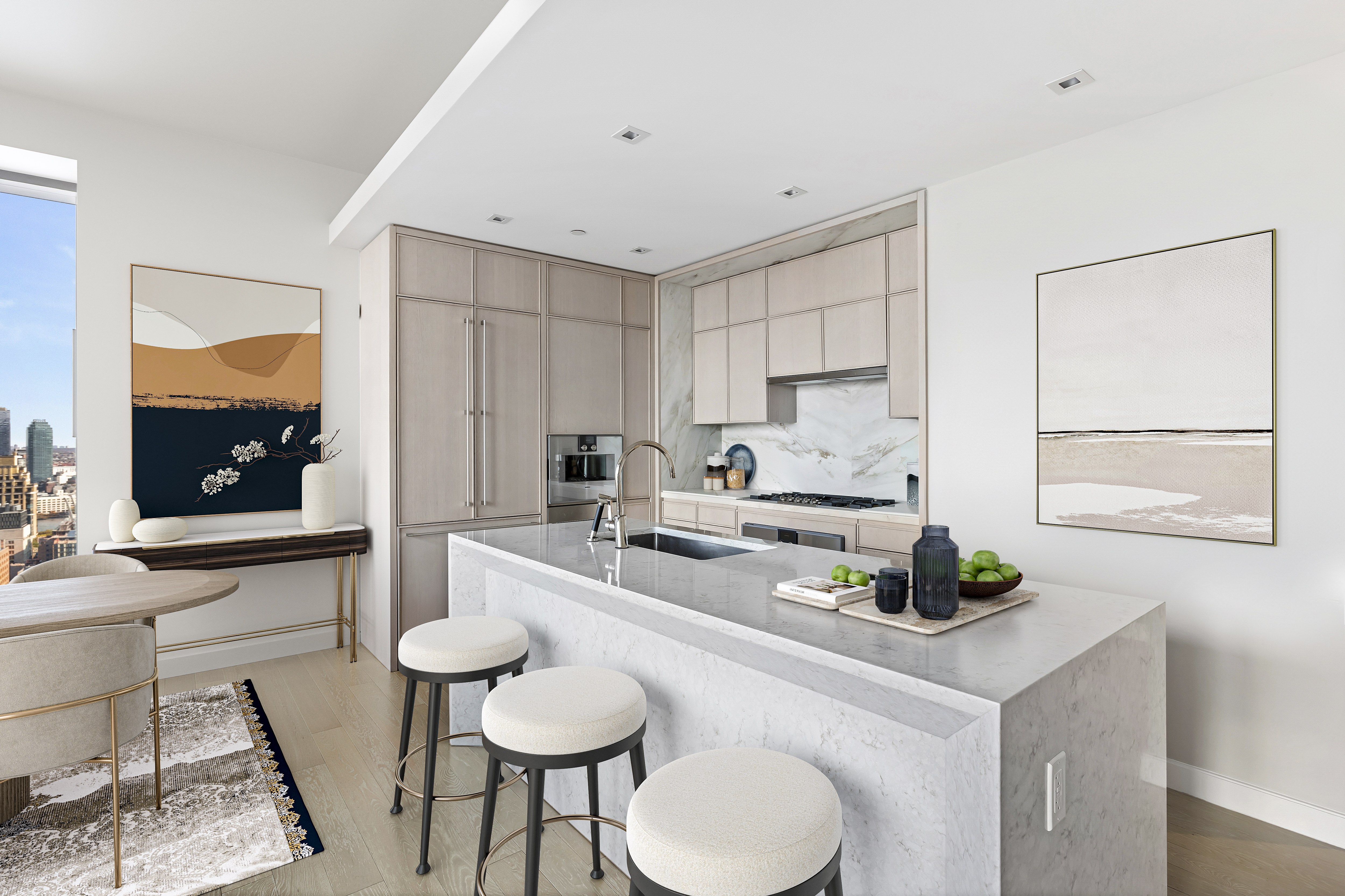 138 East 50th Street, Unit 40B Manhattan, NY 10022 - Photo 3 of 22 a kitchen with a sink cabinets and dining table chair