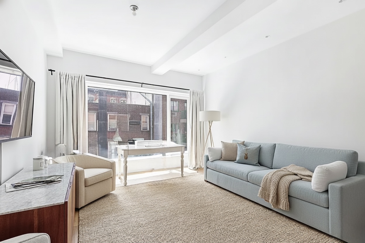 318 West 52nd Street, Unit 3C Manhattan, NY 10019 - Photo 1 of 6 a living room with furniture and a large window