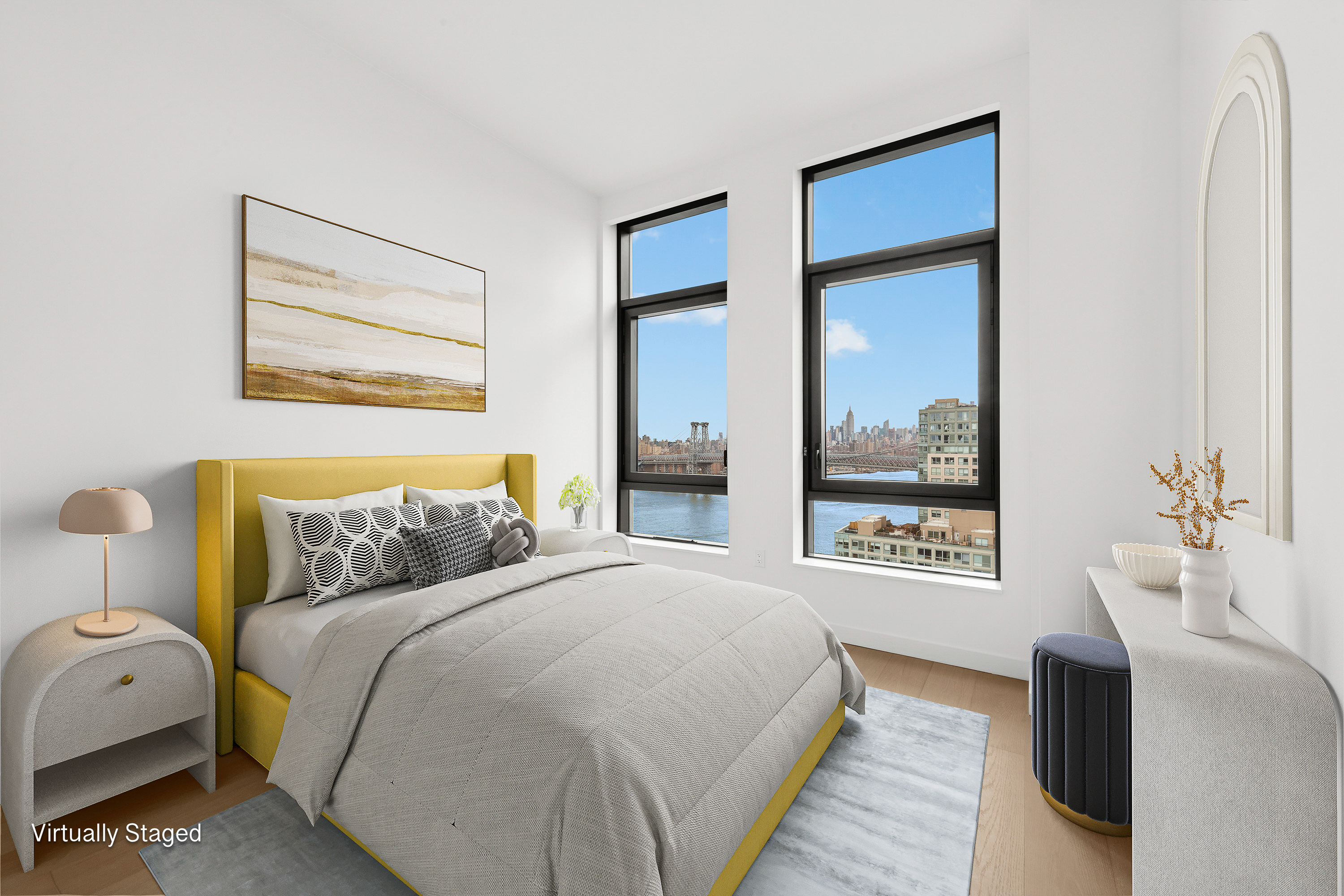 480 Kent Avenue, Unit 21C Brooklyn, NY 11249 - Photo 3 of 23 a bedroom with a bed and a painting on the wall