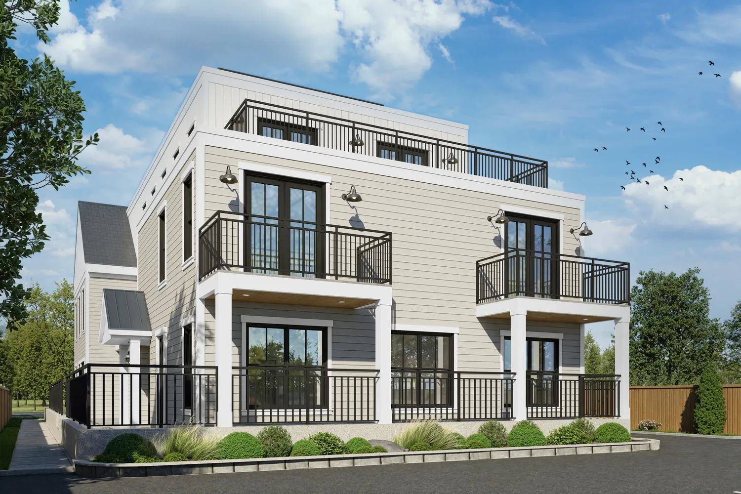 front view of a building with a street