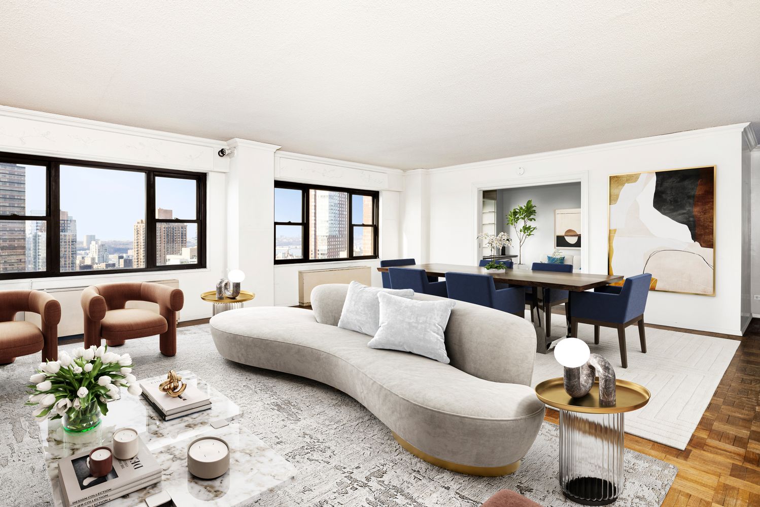 a living room with furniture and floor to ceiling windows