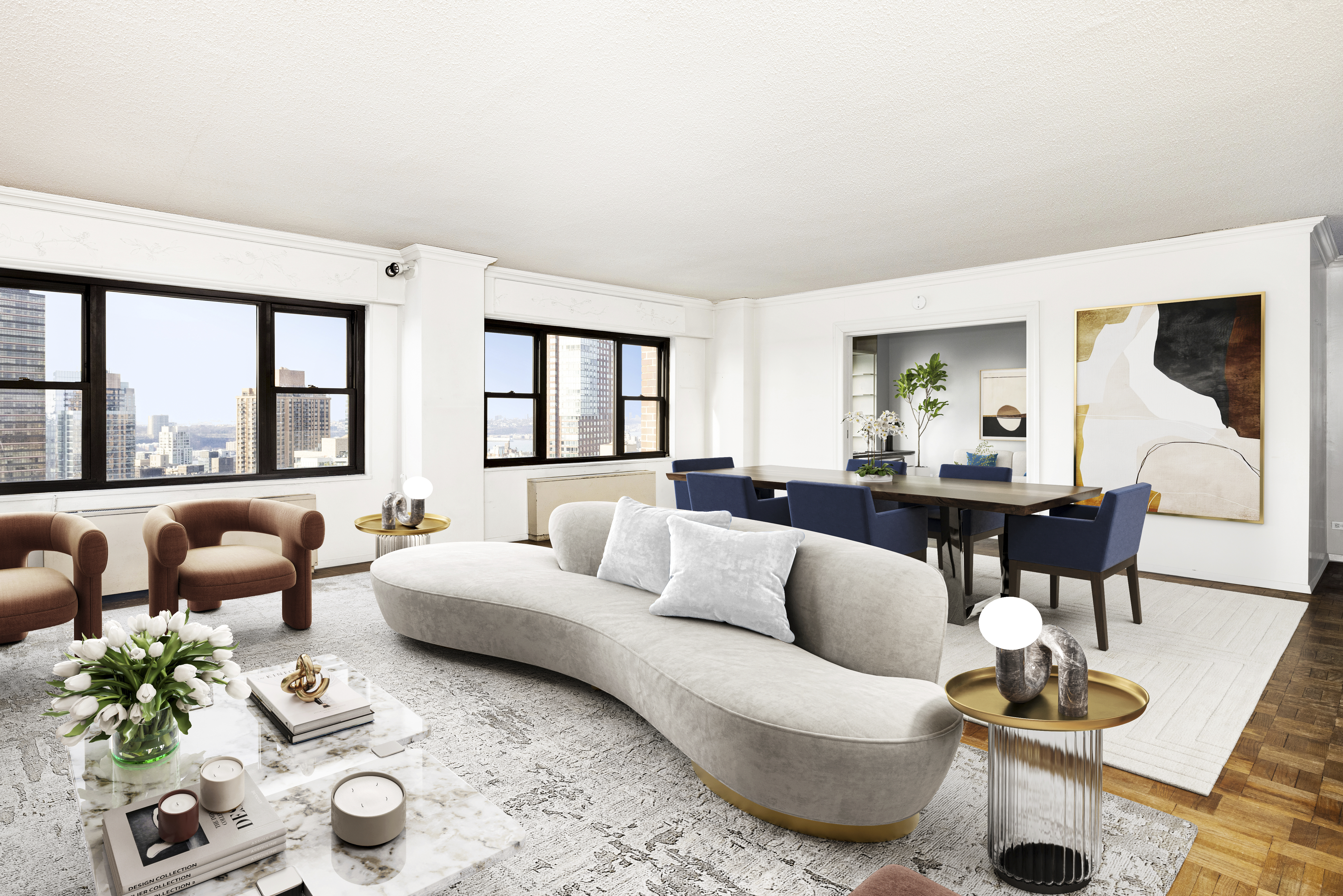 20 West 64th Street, Unit 41H Manhattan, NY 10023 - Photo 4 of 39 a living room with furniture and floor to ceiling windows