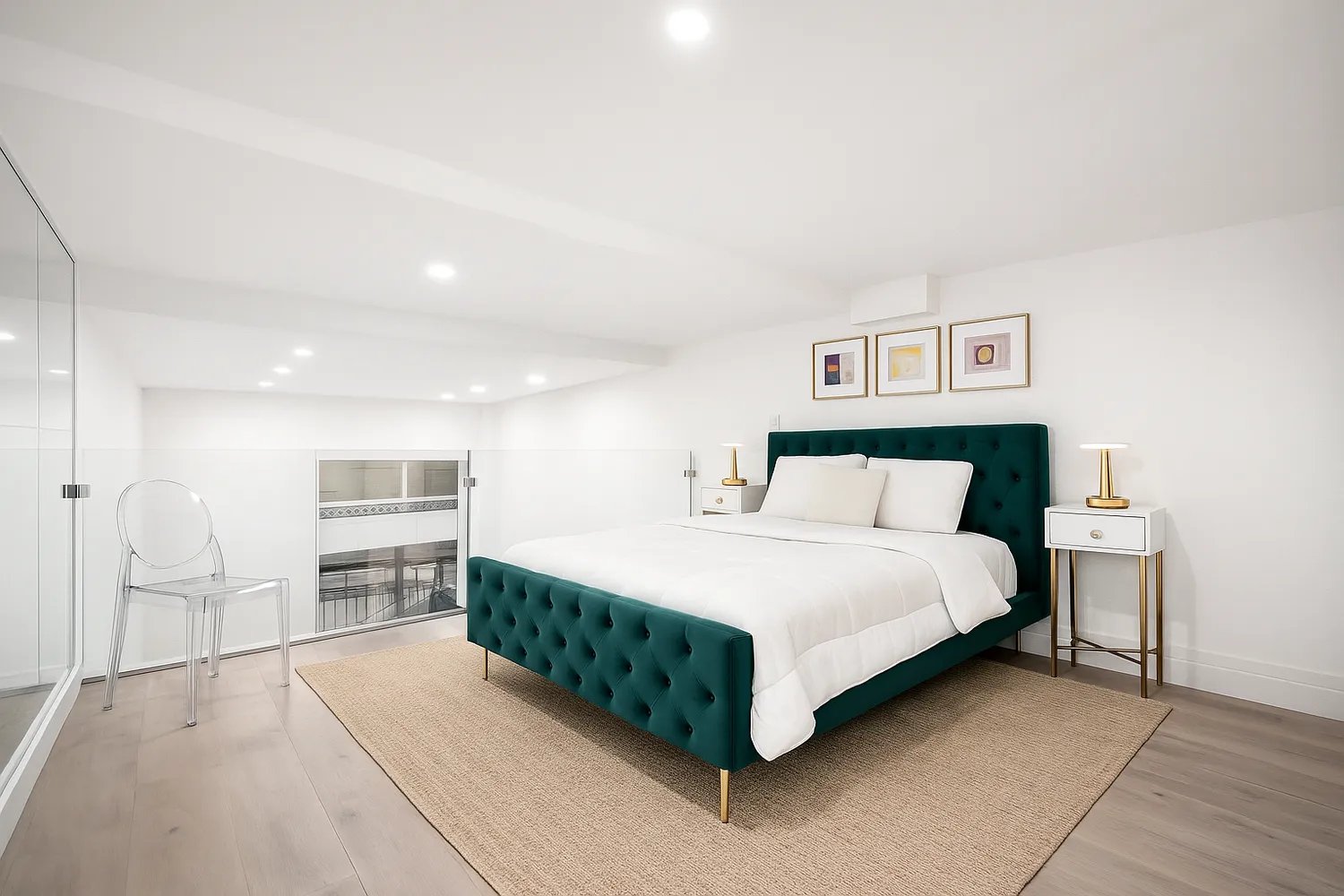 a spacious bedroom with a bed and a cabinets