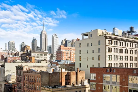 a city view with tall buildings