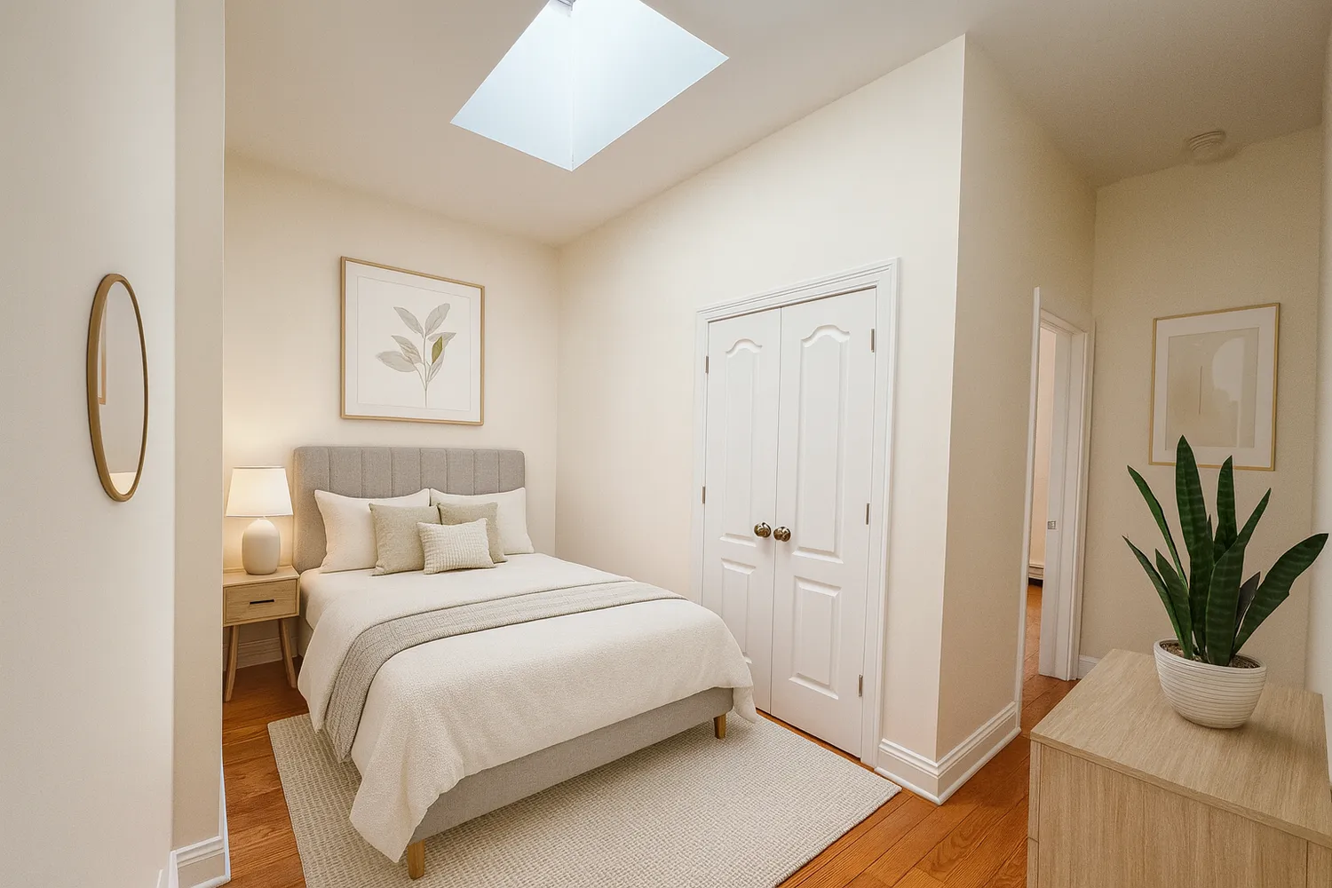 a bedroom with a large bed and a potted plant