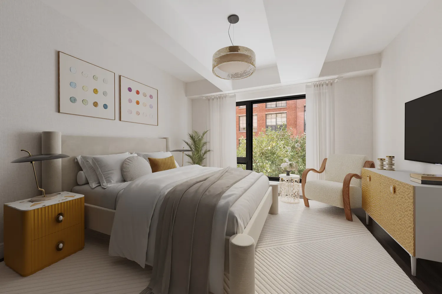 a spacious bedroom with a bed and a large window