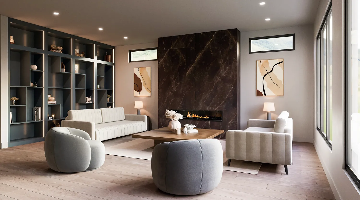 a view of an empty room with a fireplace and a window