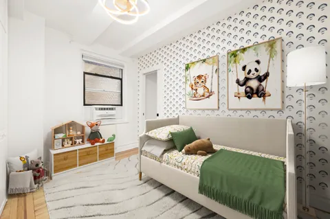 a bedroom with a bed and wall painting