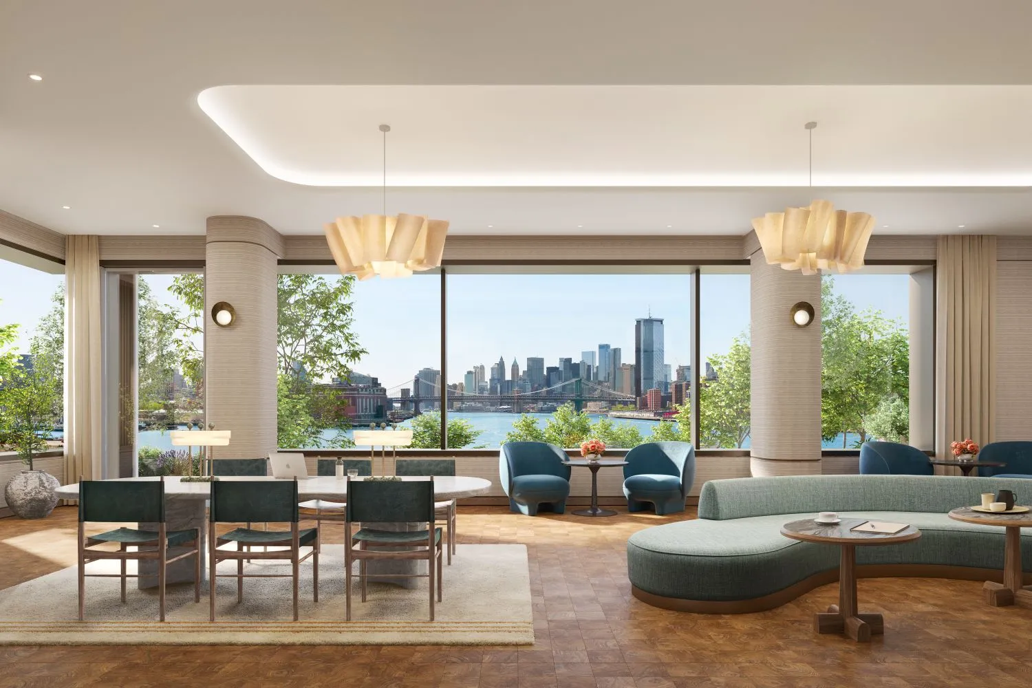 a living room with furniture and large windows