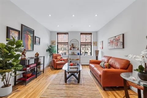 a living room with furniture and a potted plant