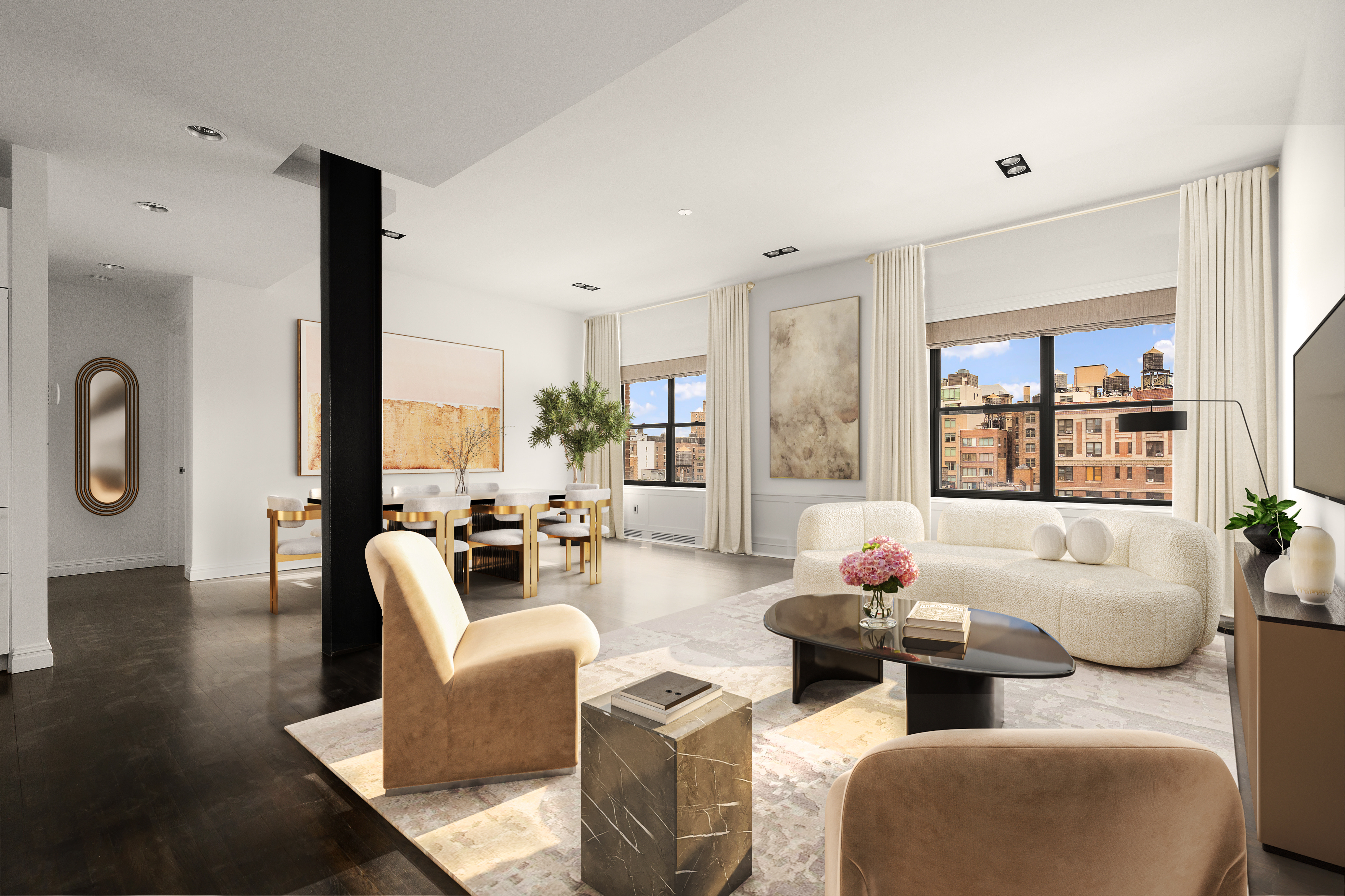 104 West 70th Street, Unit PH Manhattan, NY 10023 - Photo 5 of 17 a living room with furniture and large windows